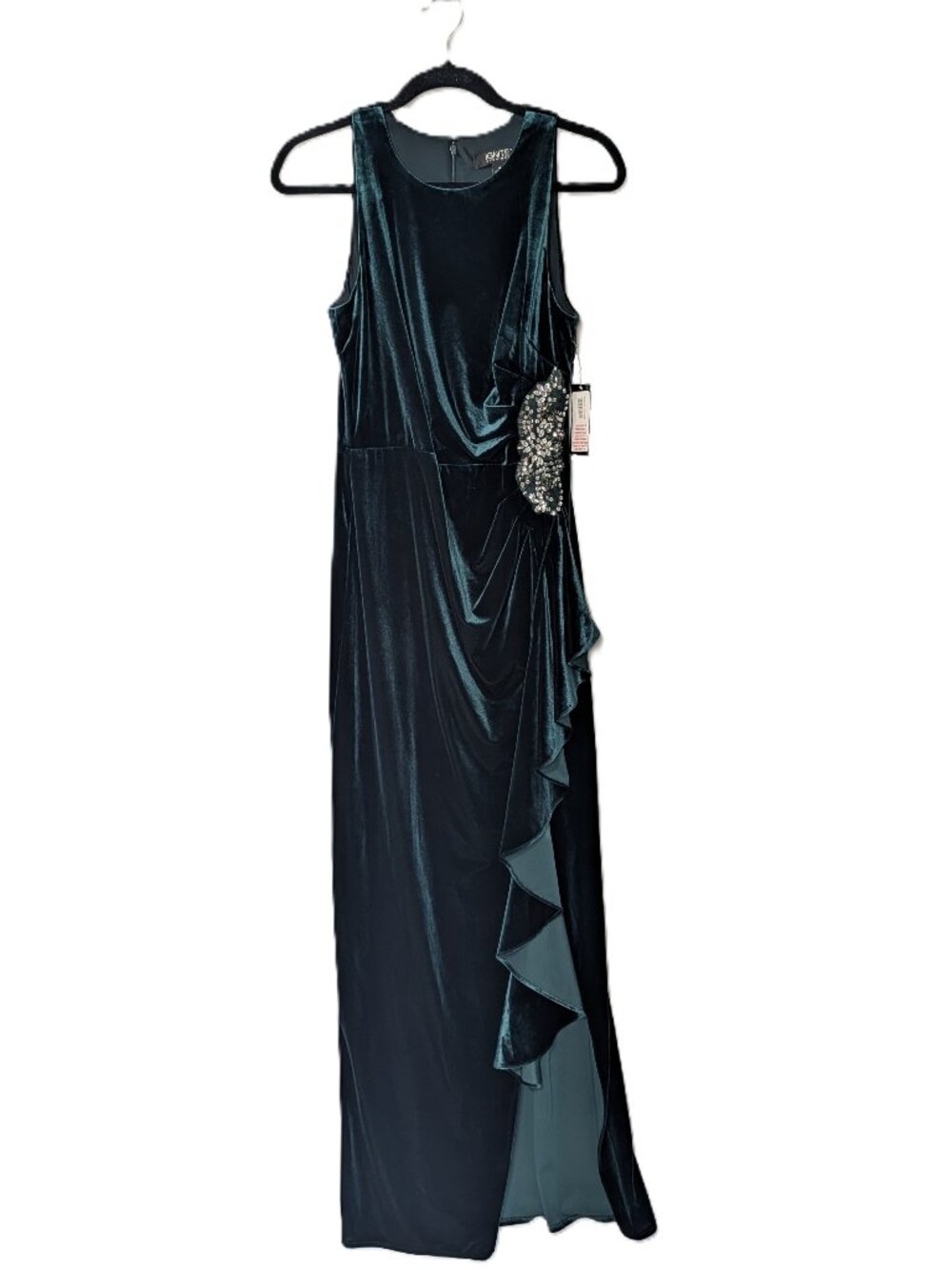 Ignite Evenings Green Velvet Rhinestone Cascade Maxi Gown Dress 8 NWT